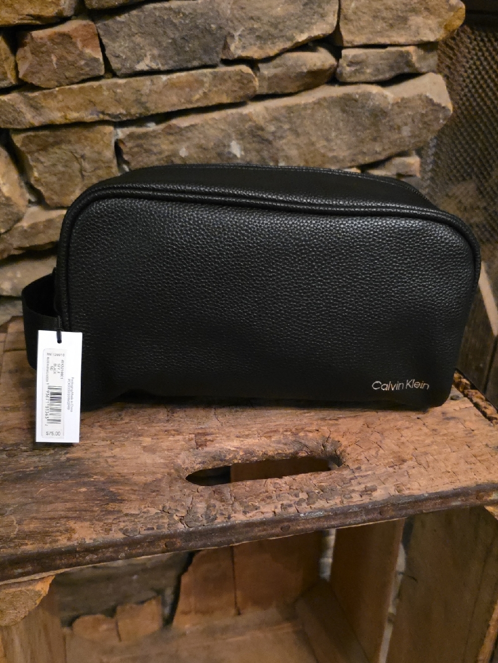 Calvin Klein Black Pebbled Leather Toiletry Bag